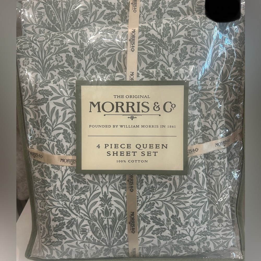 WILLIAM MORRIS & Co Green White Leaves Acorns  QUEEN SHEET SET 4 PC NEW